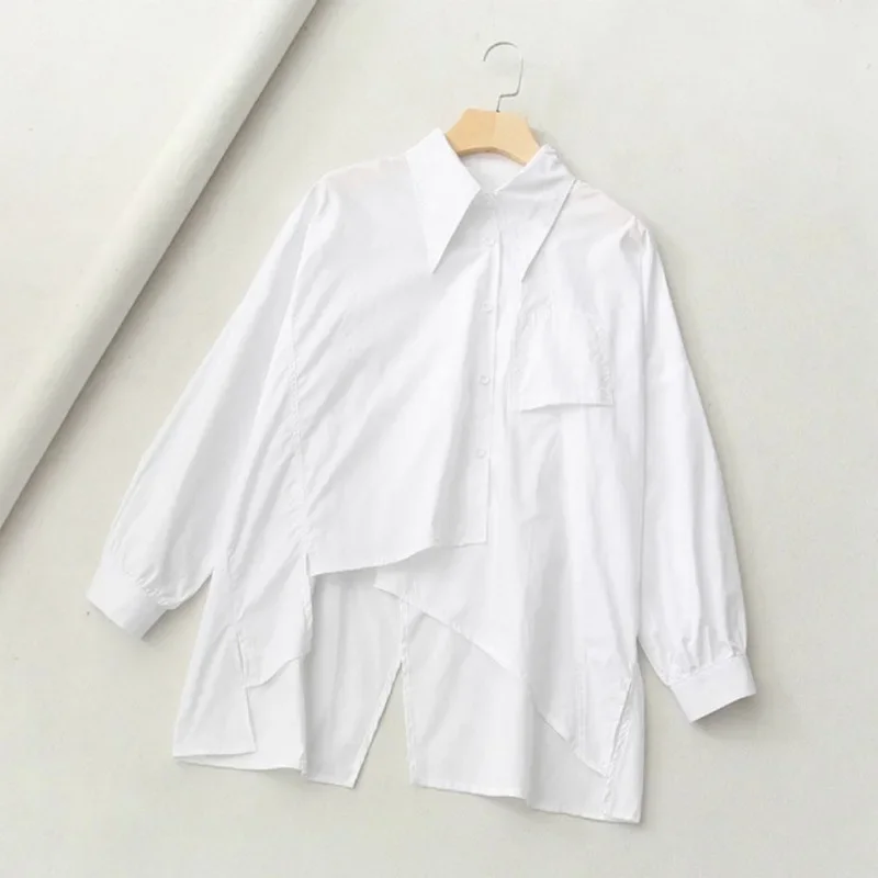 

Fashion Irregular Long Sleeve Shirt Women Spring and Autumn New Turn Down Collar Blouse White Tops Loose Clothes Blusas 29947