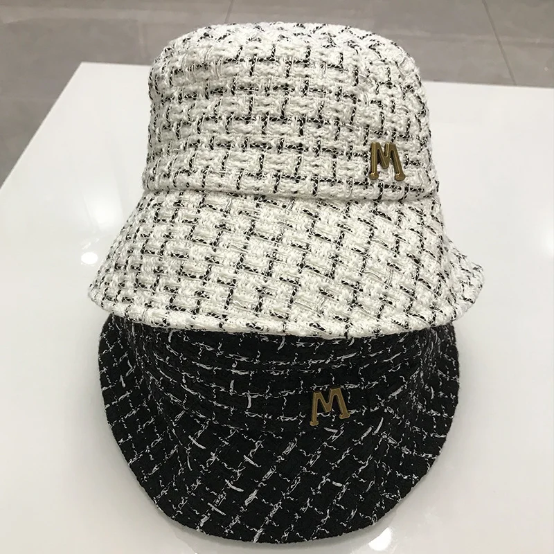

Classic Lattice Tweed Bucket Hat Plaid M Letter Leisure Sunscreen Hats Women Fisherman Caps Gorros Invierno Mujer