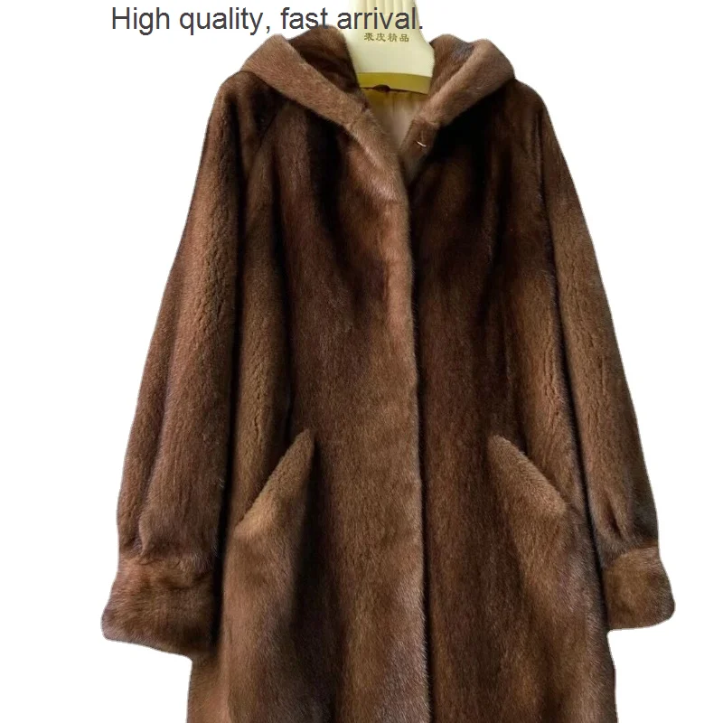 

New Imported Winter Velvet Young Marten Overcoats Women's Mid-Length Whole Mink Hooded Mink Skin Fur Coat