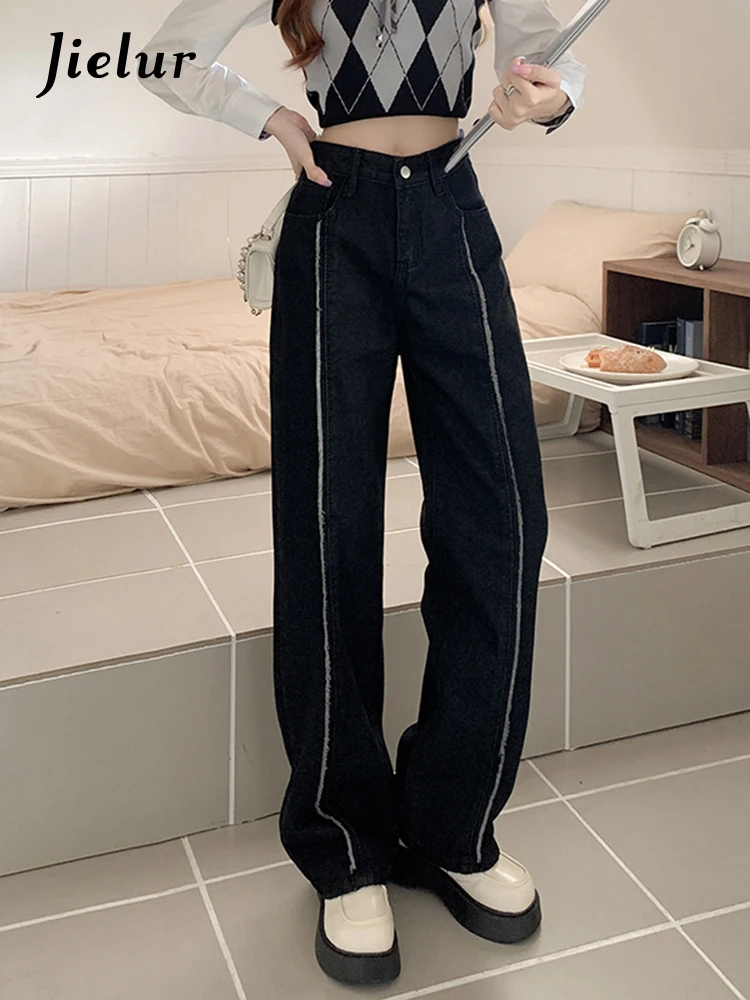 

Jielur Simple Stripe Black Jeans for Women New Korean Style Autumn High Waist Denim Pants Woman Loose Straight Wide Leg Jeans