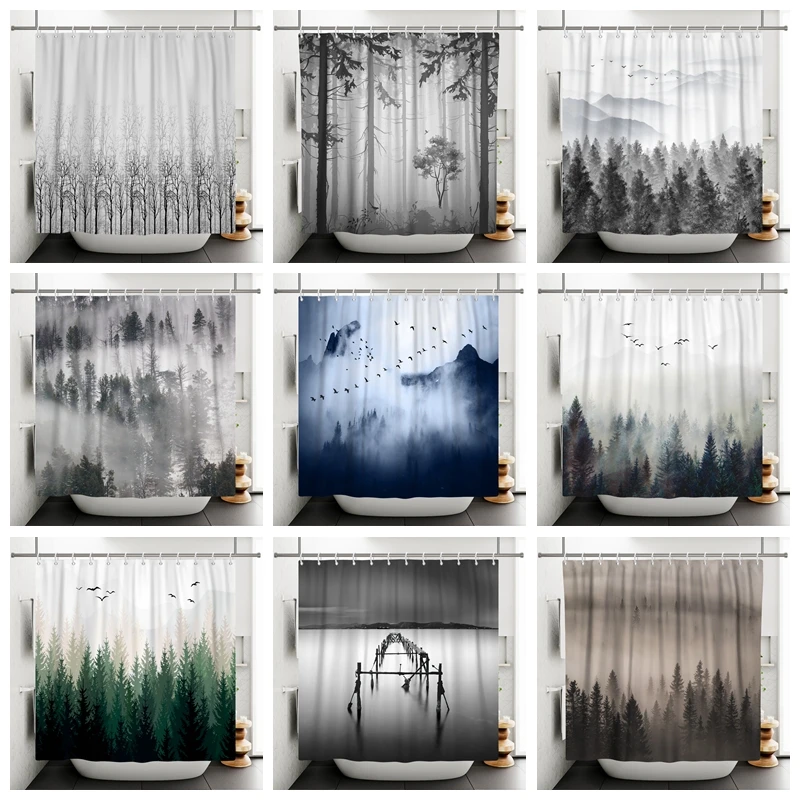 

Landscape Mountain Shower Curtain Misty Forest Tree Foggy Nature Scenery Bathtub Decor Shower Curtain For Bathroom With Hooks
