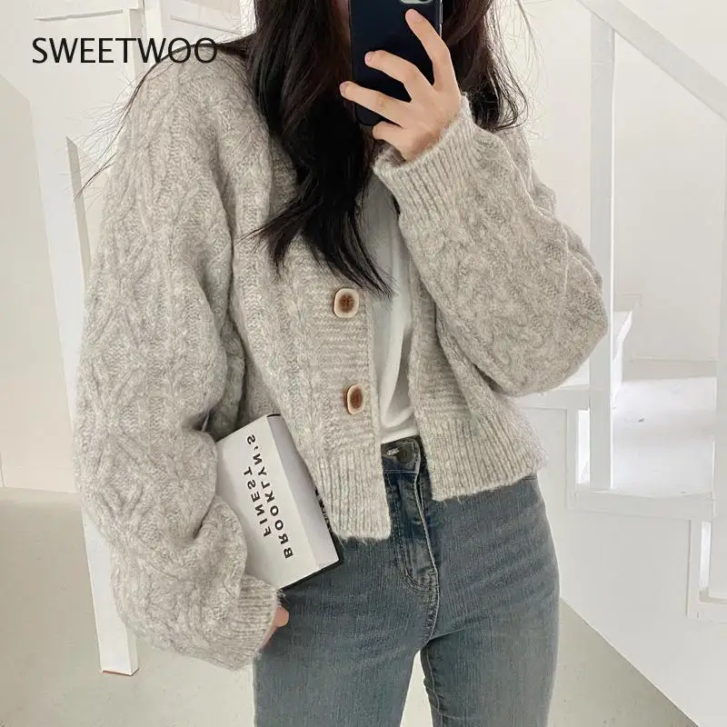 

Ladies Cardigans Long Sleeve Knitted Women's Korean Grey Sweater Pullover Cardigan with Buttons Knitted Cardigan Top Tide Chic
