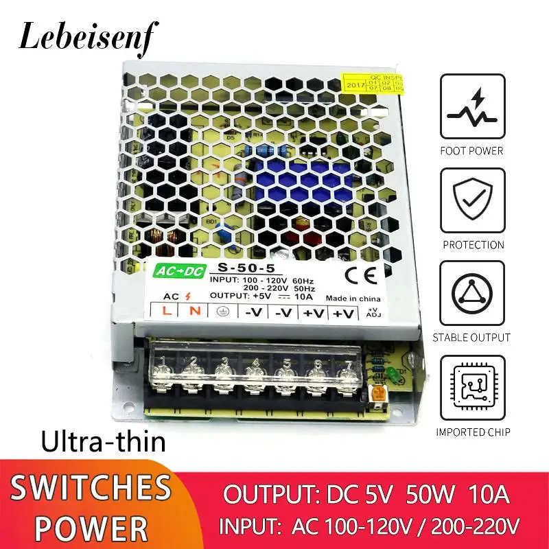 

Ultra-thin AC/DC Converter 100-120V / 200-220v AC to DC 5V 50W 10A Switching Power Supply LED Lighting Drive Transformer Adapter