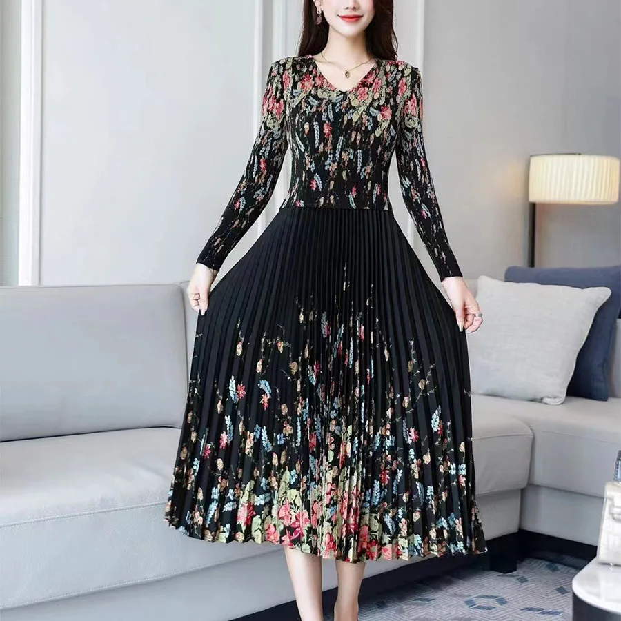 

Элегантное плиссированное платье в стиле ретро с V-образным вырезом и длинным рукавом, осень 2023