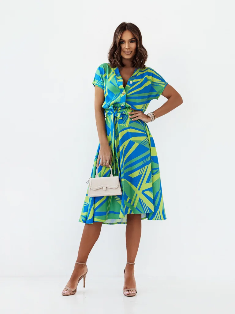 

2022 Summer new European and American women's dress button V collar short sleeves French high class dress slim temperament skirt