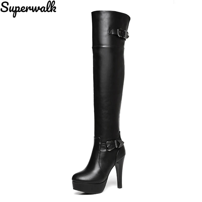 

Women New 2021 Autumn Over The Knee Boots Female Platform PU Leather Thin High Heels Shoes Ladies Solid Buckle Thick Bottom Boot