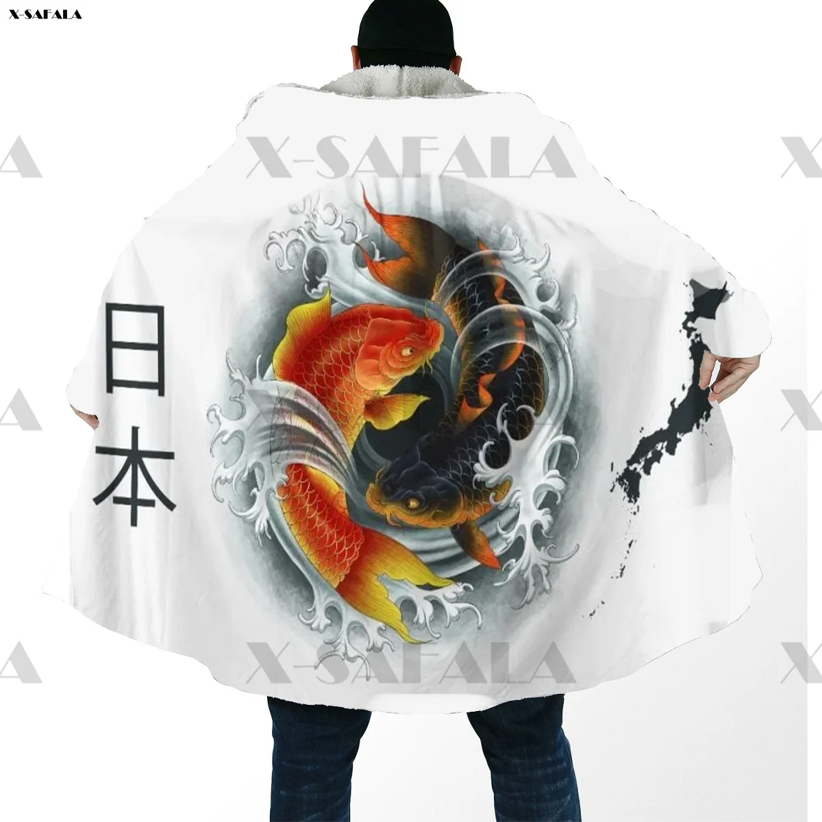 

Japan Chinese Koi Fish Yin Yang 3D Printed Hoodie Long Duffle Topcoat Hooded Blanket Cloak Thick Jacket Cotton Cashmere Fleece