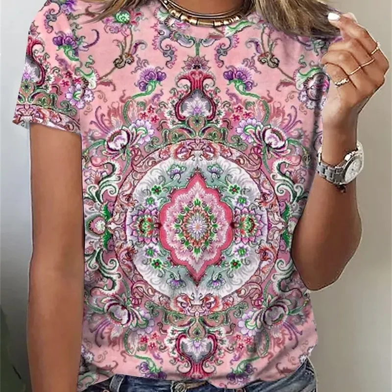 

Summer Casual Loose Print Short Sleeve O-neck T-shirt Top 2023 Women's Ethnic Style Blusas Femininas Bonitas Camisetas De Mujer