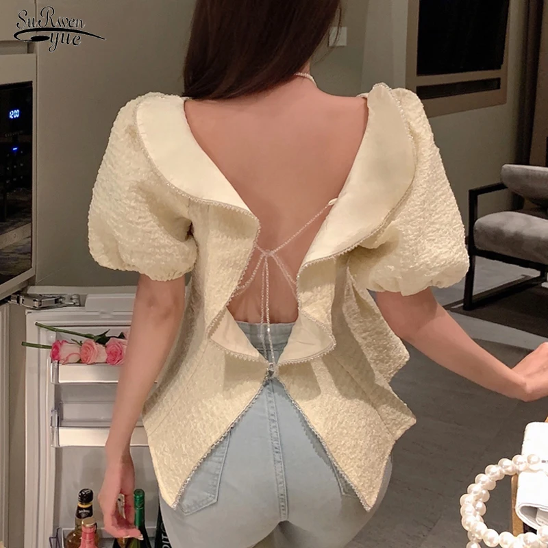 

Женская блузка с квадратным вырезом, летняя Свободная блузка с коротким рукавом, с буффами, топ до ключиц, пикантные топы с открытой спиной, ...