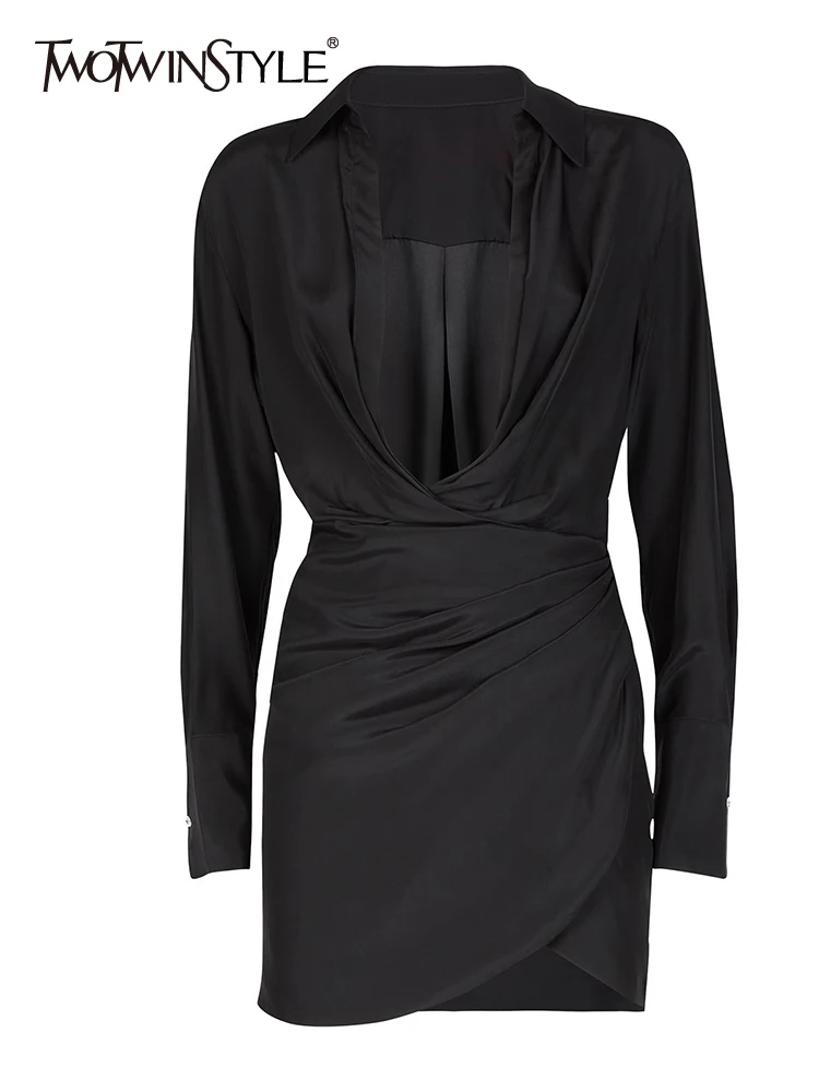 

TWOTWINSTYLE Elegant Asymmetrical Long Sleeve Dress For Women V Neck Long Sleeve High Waist Ruched Solid Mini Dresses Female New