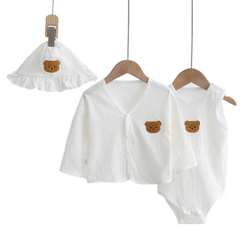 

New Summer Baby Sets Muslin Bear Jumpsuit Coats Hat Three-piece Infant Clothing for Girls Boys Cotton Sleeveless Romper 0-2Years