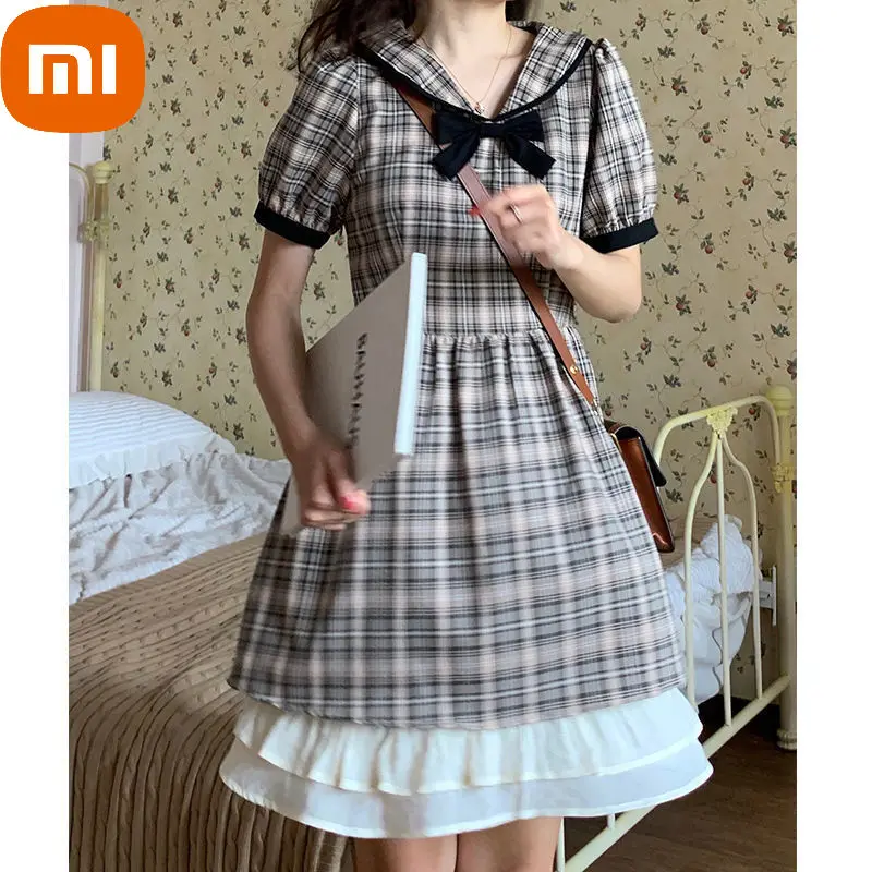 

Женское клетчатое платье Xiaomi Kawaii, элегантные винтажные короткие платья в стиле преппи с бантом, милый сарафан в Стиле Лолита с оборками, лет...