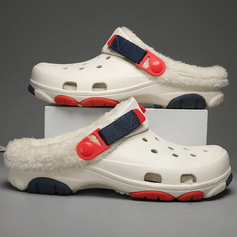 

MHYTY Large size couple Croc winter plus fleece warm cotton drag outdoor breathable non-slip cotton shoes