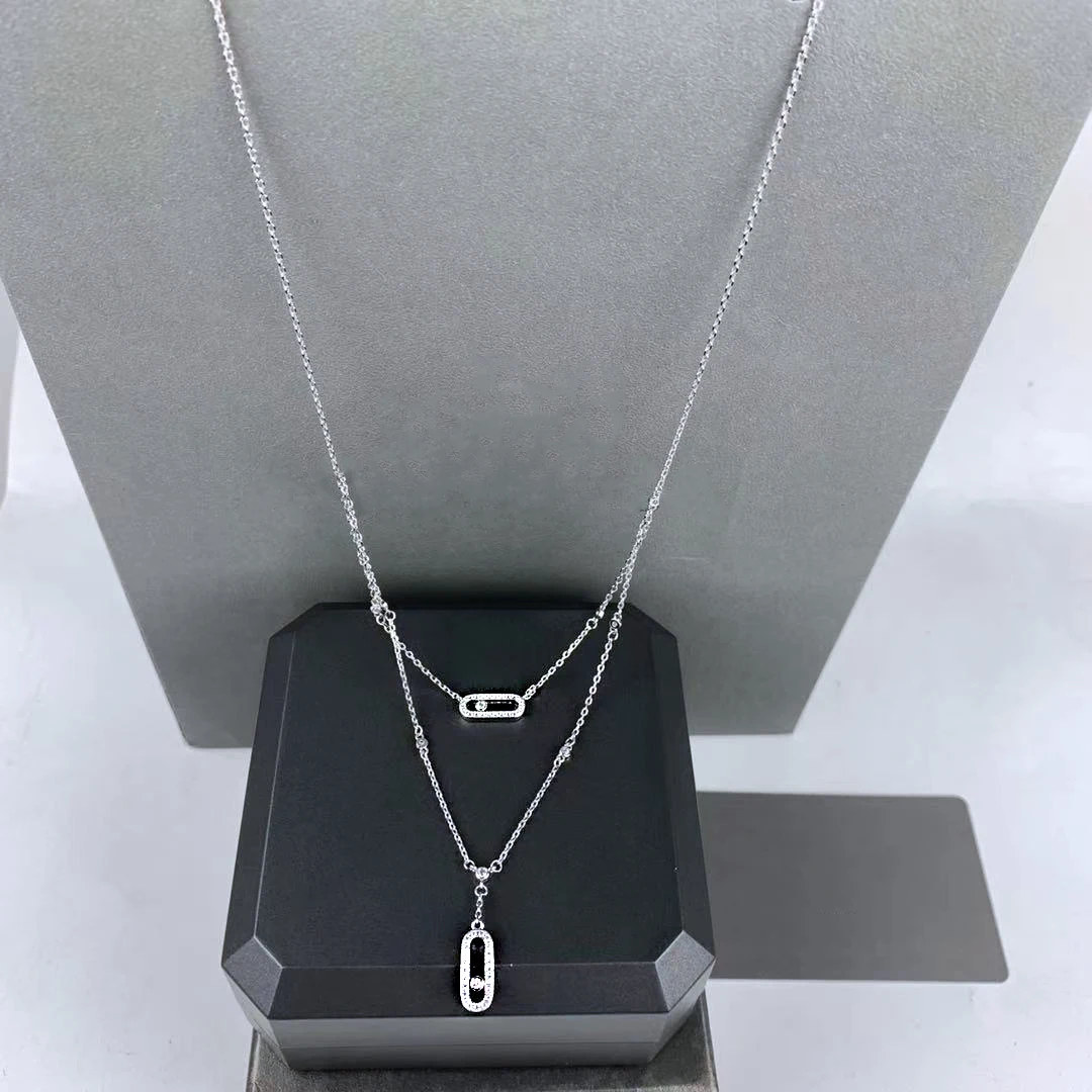 

Classic 925 Sterling Silver Double Pendant Slideable Bright Stone Ladies Necklace European and American Fashion Christmas Gift G