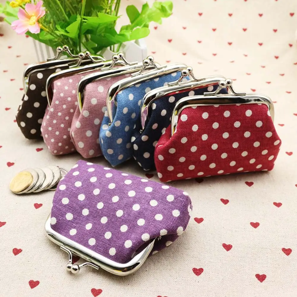 Мини-простой кошелек-клатч для мелочи девочек холщовый мешочек в горошек льняной