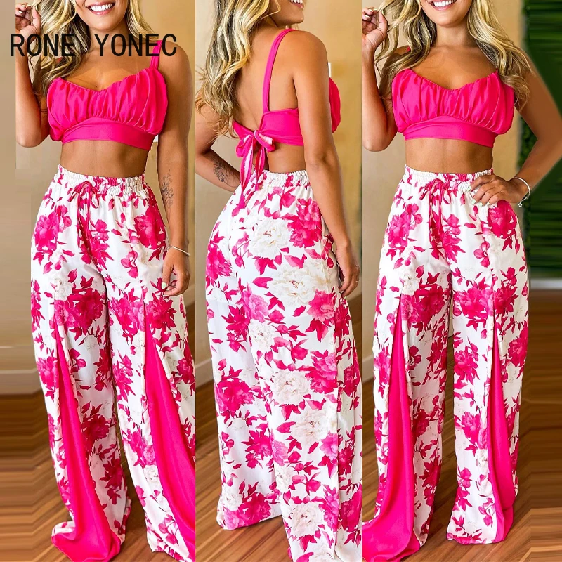 

Women Chic Spaghetti Strap Solid Lace Up Crop Top & Floral Print Patchwork Pants Sexy Pants Sets