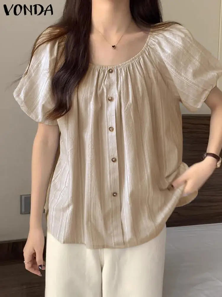 

Women Shirts 2023 VONDA Elegant Short Sleeve Summer Tops Vintage Striped Blouse Round Neck Buttons Casual Loose Tunic Blusas