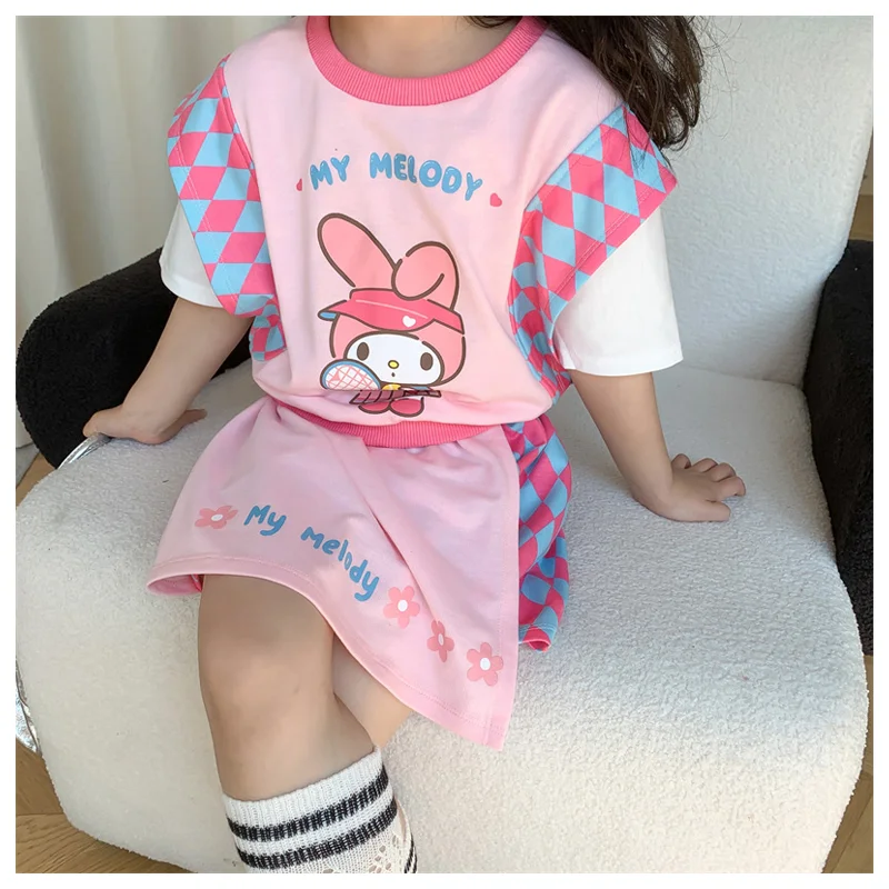 

Cartoon Sanrio My Melody Sweet T-shirt Pantskirt Kawaii Printed Short Sleeved Top Short Skirt Two Piece Set Kids Gift