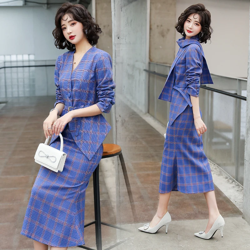 Top Quality Women Trendy 2 Pieces Blazer Suits 2022 Autumn Korean Style Stripes Coat + Skirts Lady Classic Slim Fit Jacket Sets