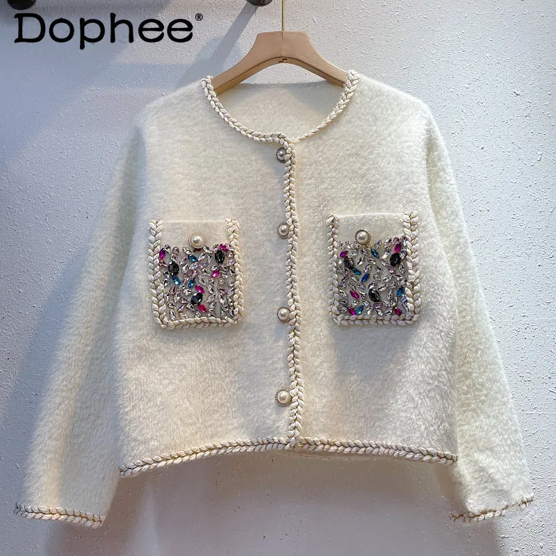 

2022 Autumn Short Soft Artificial Mink Fur Cardigan Women New Korean Style Pocket Diamond-Embedded Fashion Sweater Coat