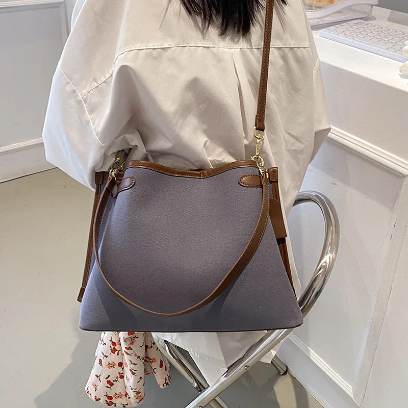 Women's Fashion Contrast Color Single -shoulder Messenger Bags Large Capacity Canvas Commuter Tote Handbag Casual Crossbody Bag