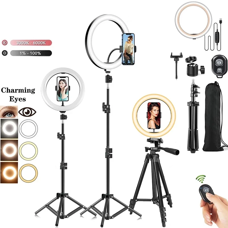 

10" 26cm LED Selfie Ring Light Photography RingLight Phone Stand Holder Tripod Circle Fill Light Dimmable Lamp Trepied Streaming