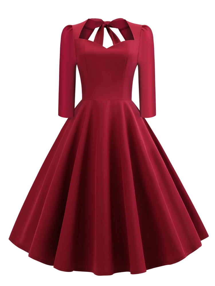 

Sweetheart Neck Burgundy 1950s Style Vintage Party Dresses Women Solid A-Line Evening Elegant 3/4 Length Sleeve Midi Pinup Dress