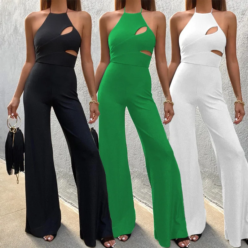 

Backless Jumpsuit Women Sexy Summer Halter Sleeveless Bodycon Rompers Femme Hollow Out Elastic Slim Body-shaping Overalls