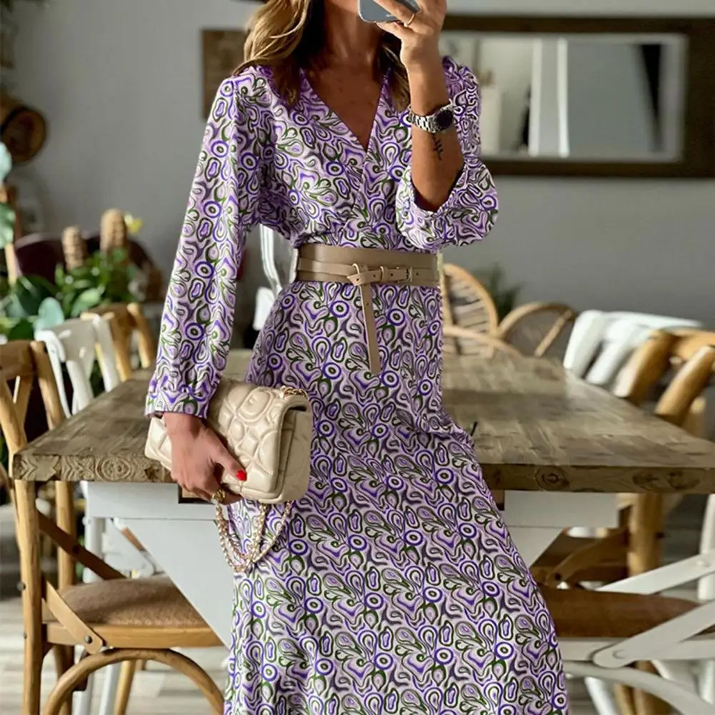 

V-Neck Long Sleeve Loose Hem Midi Dress Retro Whorl Printed Women Boho Dress Fashion Mid-Calf Long Sleeve Boho Dress For Beach