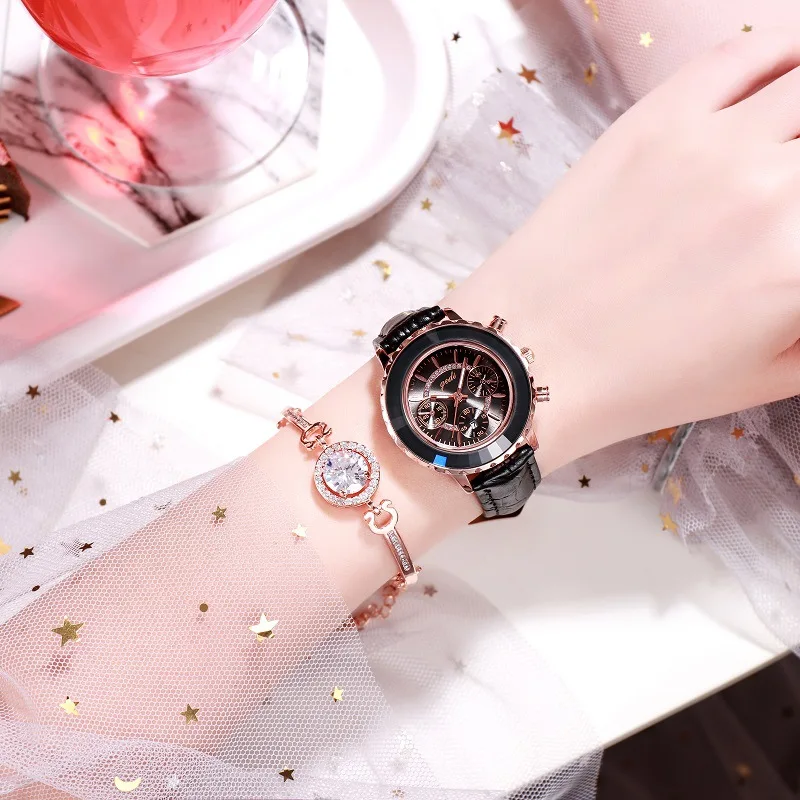Women's Fake Three-Eye Watch Casual Fashion Student Single Calendar Watch Quartz Watch