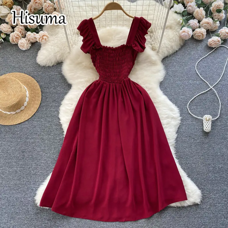 

2022 summer new women's square collar ruffles pleating chiffon party dress female Chic waist folds A-line beach dresses