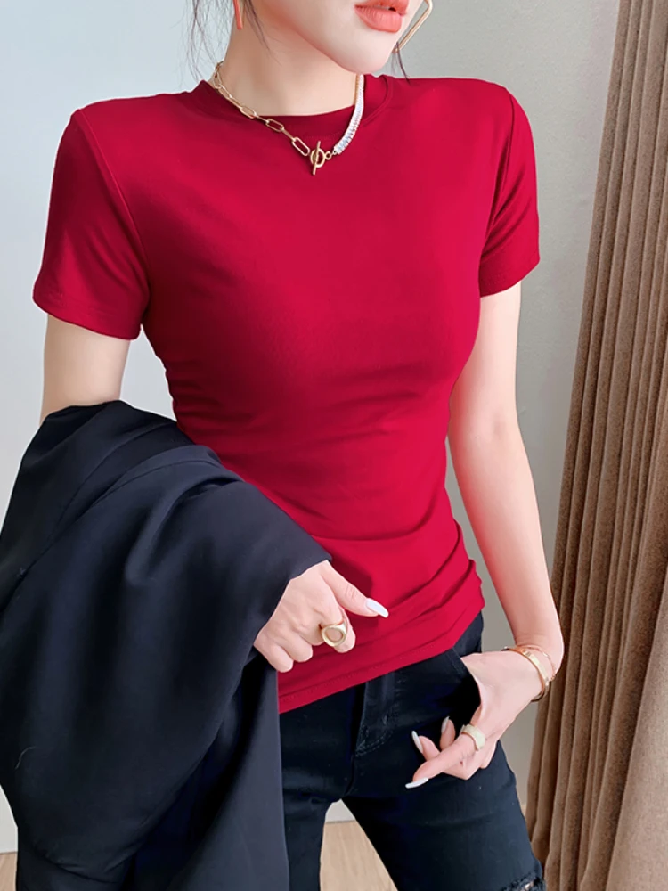 

Women's T-shirt Ladies Tops Fashion Summer Crew Neck Pullover Slim Short Sleeve Solid Color Temperament Regular Tenafeicc