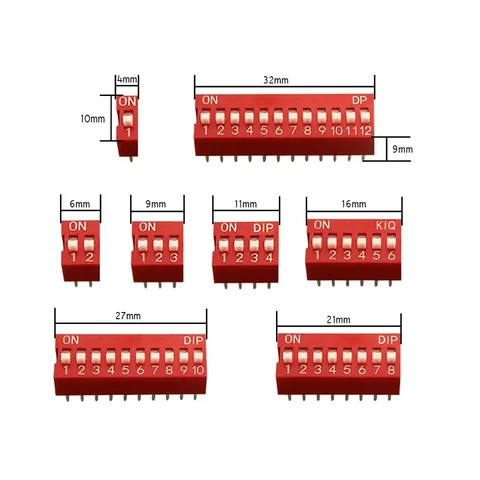 DIP-переключатели, красный, пластик, металл, 1-12 контактов