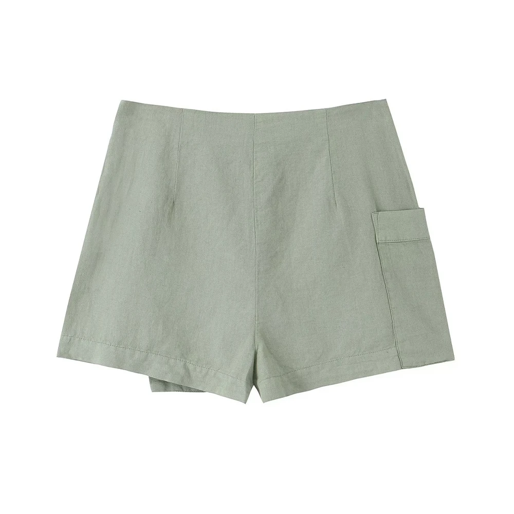 TRAF Shorts Women Fashion Side Patch Pockets Linen Wrap Shorts Skirts Vintage High Waist Zipper Fly Female Skorts pants Mujer