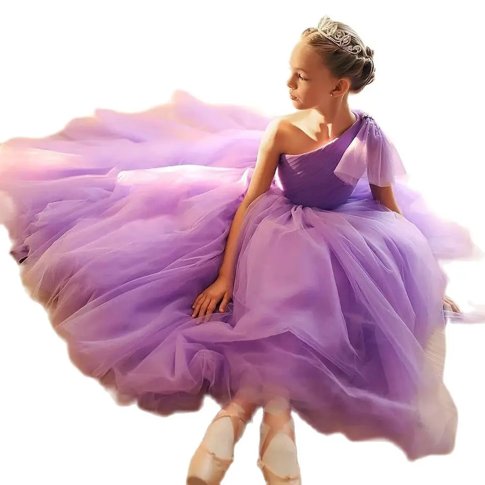 

Purple Kids Flower Girl Dresses Tulle Puffy First Communion Dress One Shoulder Princess Dress Bow Knot Girl Child Birthday Gown