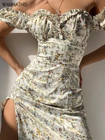 dresses for women 2022 bohemian floral tube top high waist slit off shoulder puff sleeves slim temperament princess dress