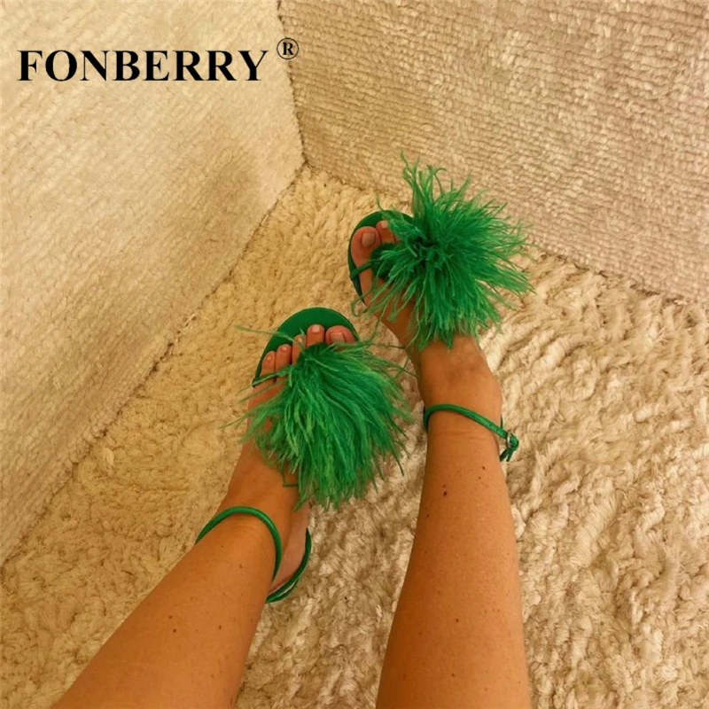 Сандалии FONBERRY женские с перьями страуса босоножки на высоком каблуке