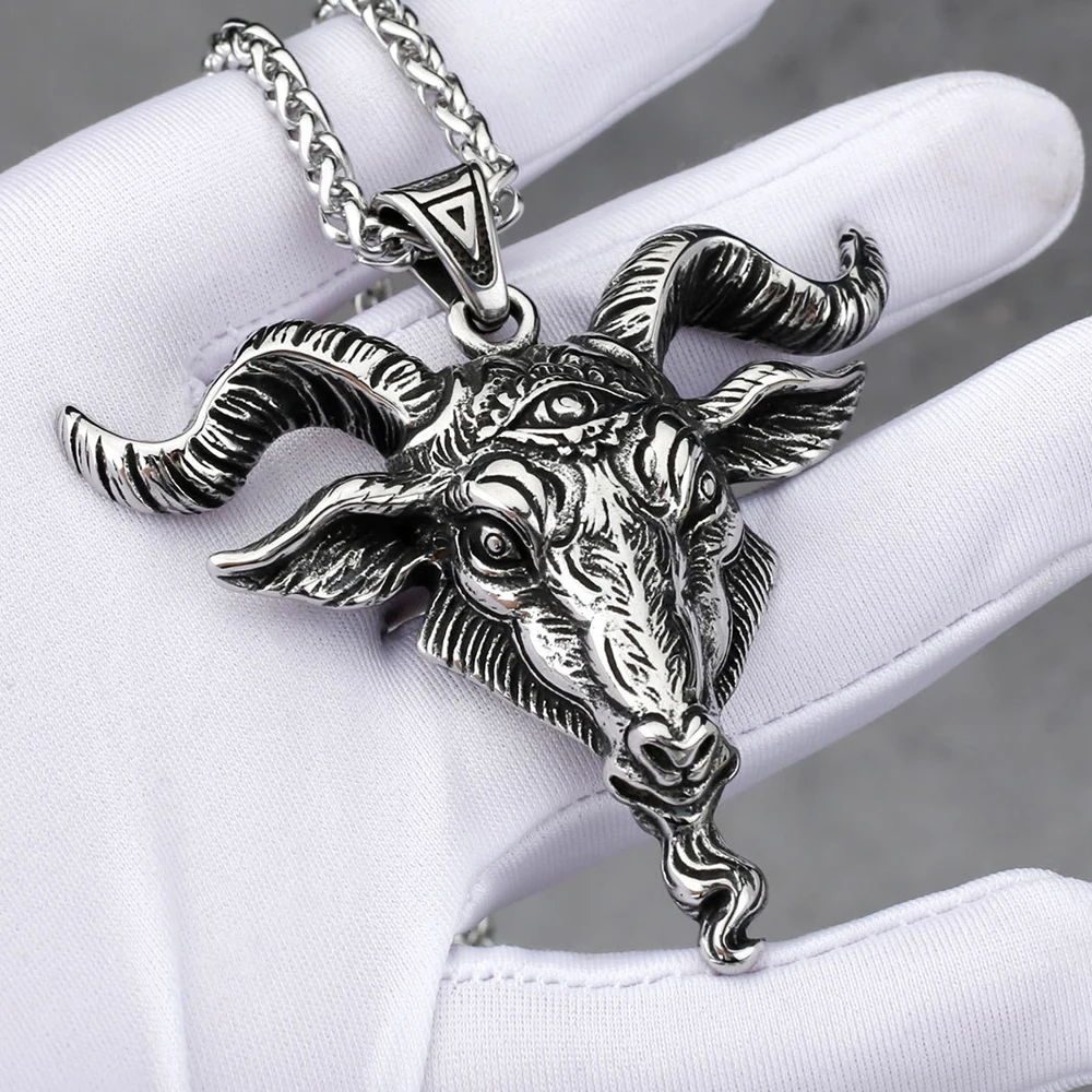 

Gothic Heavy Duty Satan Goat Head Pendant Necklace Men Vintage Punk Hip-hop Style Sheep Necklace Stainless Steel Biker Jewelry