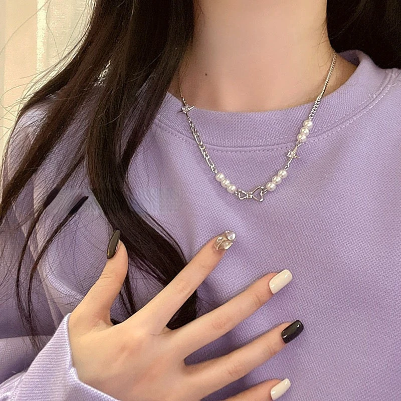 

Pearl Bowknot Pendant Necklace for Women Asymmetrical Clavicle Chain Fashion Jewelry Zircon Star Sweater Chain Trendy Choker