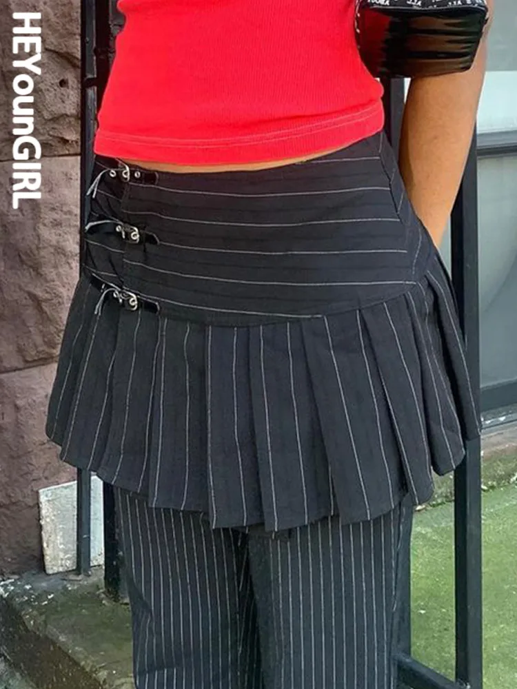 

HEYounGIRL Harajuku Pleated Mini Skirt Casual Women High Waist Leather Buckle Gothic Clothes Striped Preppy Style Short Skirts