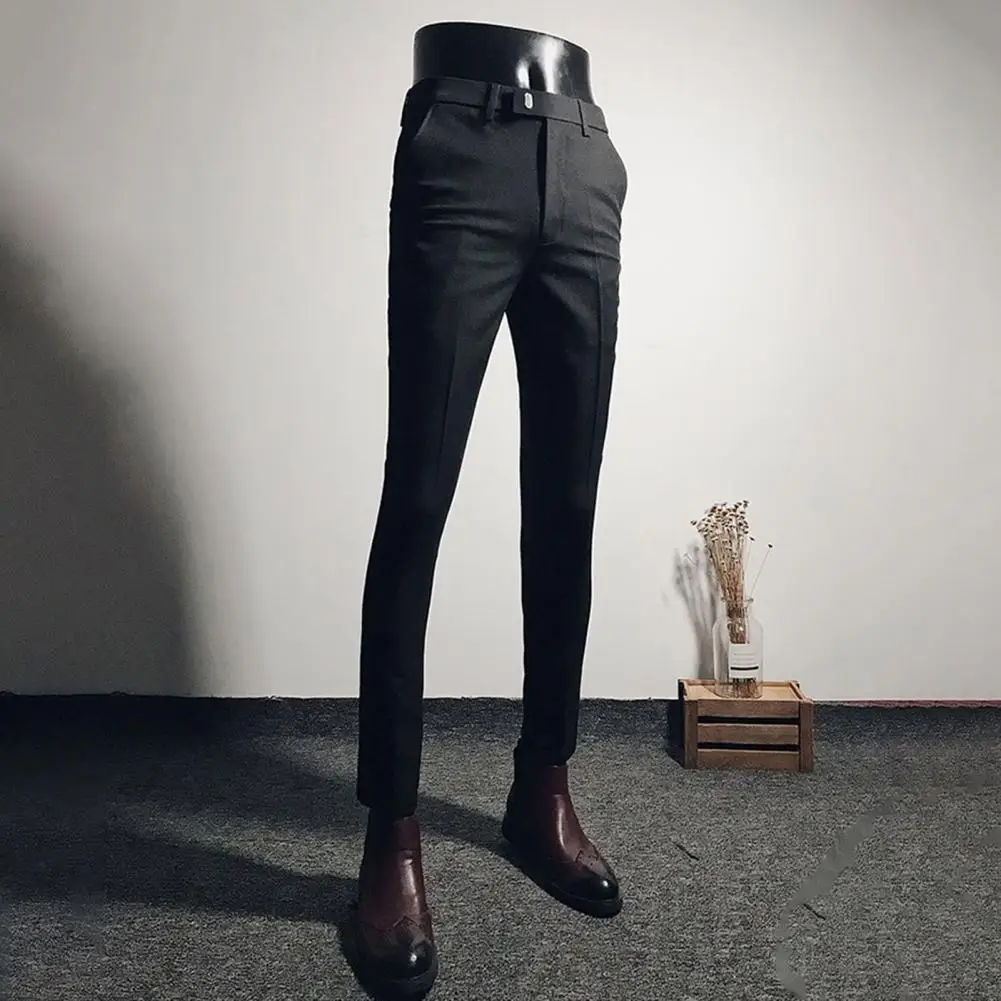 

Trendy Men Business Pants Pockets Korean Style Stretchy Mid Waist Pencil Pants Super Soft Suit Pants for Jogging