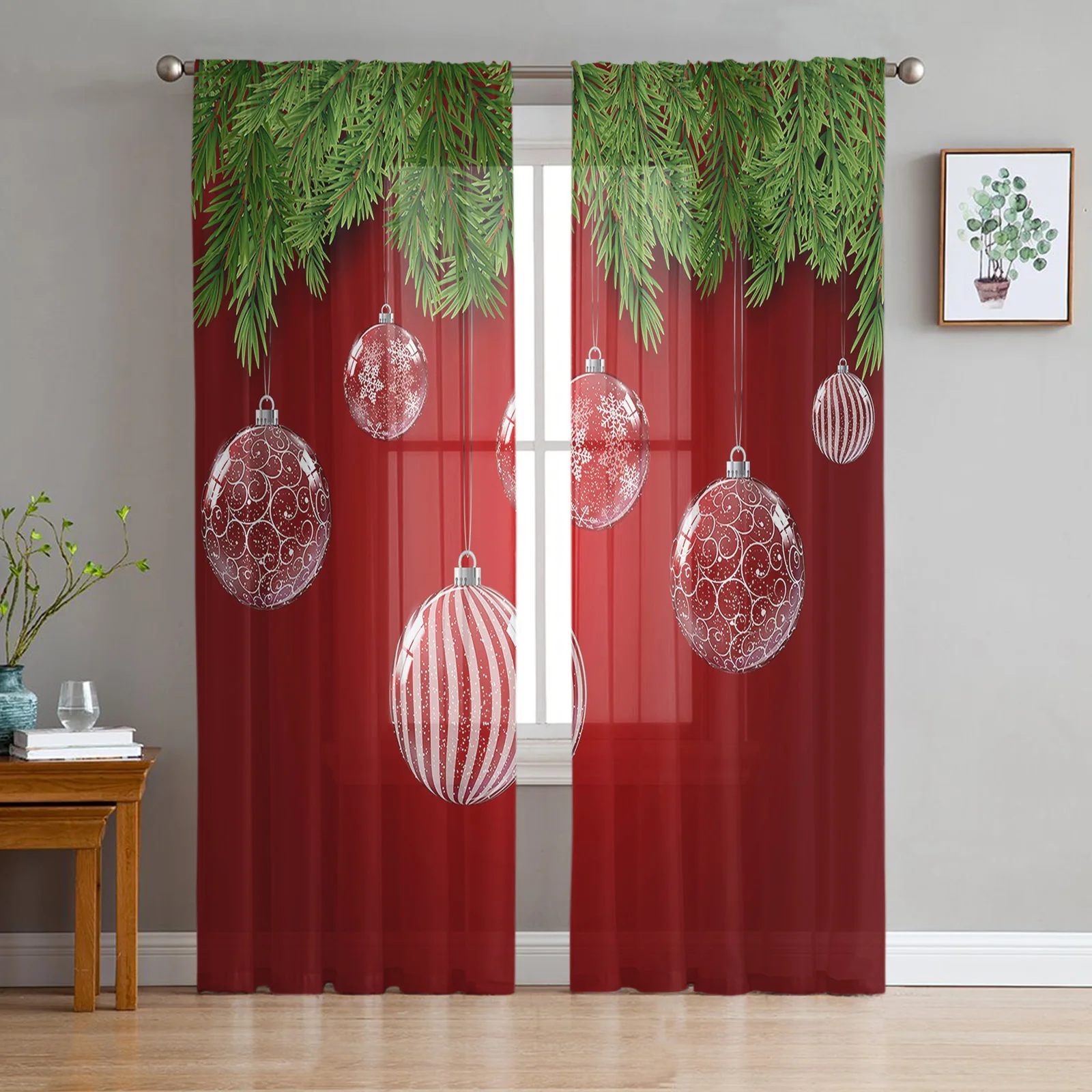 

Christmas Lights Red Background Tulle Curtains for Living Room Bedroom Decoration Transparent Chiffon Sheer Voile Window Curtain