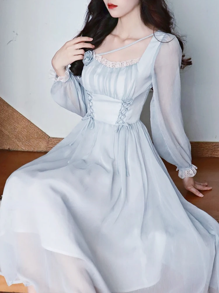 

2023 Summer Lace Design Midi Dress Women Long Seleve Elegant Faity Party Dress Female Casual One Piece Dress Korean Fashion Chic