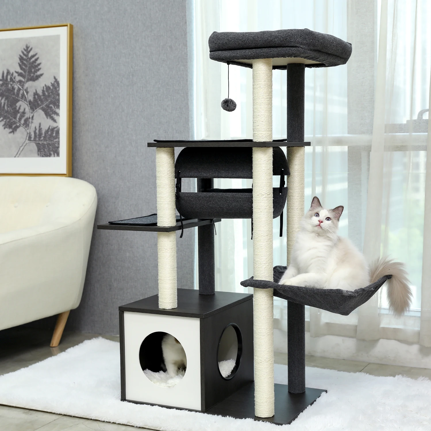 

Modern Cat Tree Wooden Cat Tower with Sisal Scratching Posts Multi-level Platform with Cute Condo Large Hammock and Top Perch