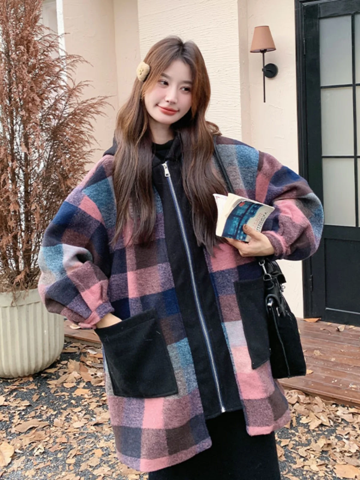 Уникальное супер красивое цветное шерстяное пальто в клетку для женщин зима 2024