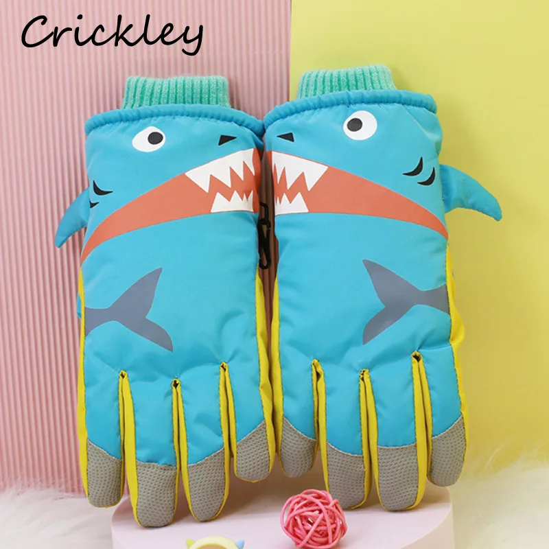 

New Cartoon Shark Pattern Children Gloves Winter Plush Warm Kids Mittens Skiing Waterproof Non Slip Boys Girls Gloves 8-12T