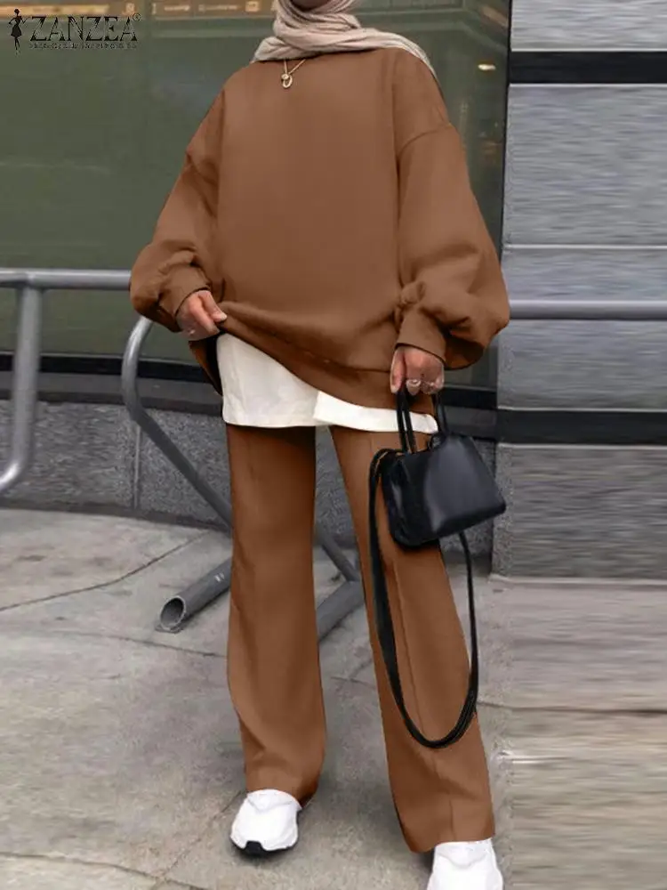 ZANZEA Autumn Party Tracksuit Women Fashion Muslim Suit 2PCS Full Sleeve Hoodie Elastic Pants Solid Color Elegant Outfit 2023