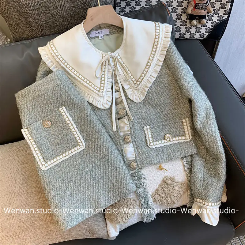 

N GIRLS Women Autumn 2022 Two Piece Sets Womens Outifits Lace Up Peter Pan Collar Long Sleeve Coat + High Waist A-line Skirt