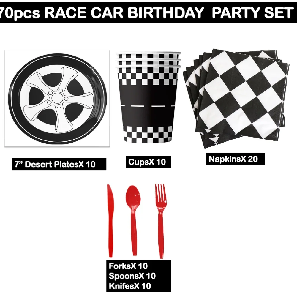 

70pcs Race Car Happy Birthday Party Sets of Cups Napkins 7in Plates for Anniversary Wedding Children College School Home Events