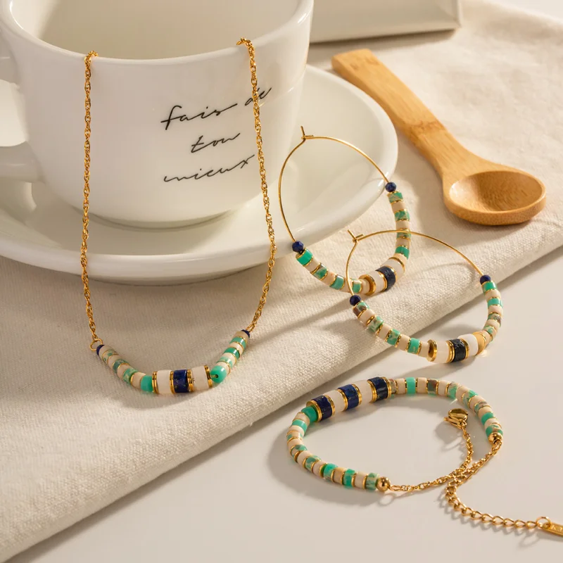 

Minar Charming Colorful Natural Stone Lapis Strand Beaded Necklace for Women 18K Gold Plated Stainless Steel Chokers Necklaces